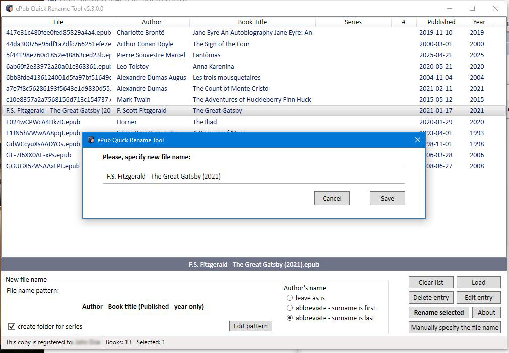 After renaming, if necessary, click 'Manually specify the file name' button and edit file name. Or just rename desired file manually